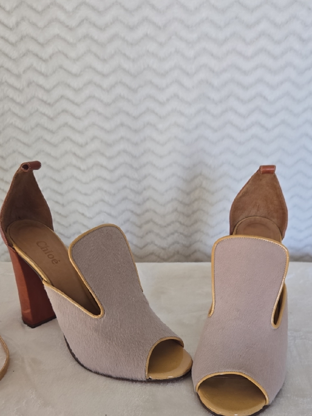 Chloe Beige and Brown Suede Open-Toe Block Heel Mules